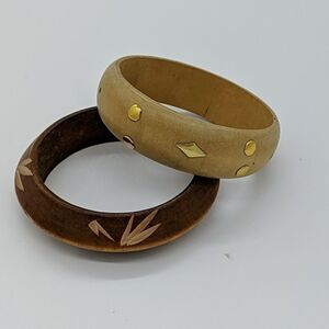 Bangle Bracelets Carved Floral Leaves Set of 2 Neutral Fall Colors